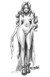 Rule 34 | 1990s (style), 1girl, aerith gainsborough, boots, breasts, contrapposto, covering privates, covering crotch, curvy, drill hair, final fantasy, final fantasy vii, greyscale, lips, long hair, long legs, monochrome, nipples, nude, off shoulder, retro artstyle, robaato, signature, smile, solo, square enix, standing, thick thighs, thighs, twin drills, twintails, undressing, wide hips