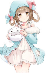 Rule 34 | 1girl, = =, absurdres, azur lane, blue hat, blush, braid, braided hair rings, brown eyes, brown hair, collarbone, commentary, gremyashchy (a daytime delight is in a book) (azur lane), gremyashchy (azur lane), hair rings, hat, highres, jacket, looking at viewer, mugi no hikyaku, official alternate costume, open mouth, ribbon, seal (animal), simple background, sleepwear, solo, twin braids, white background