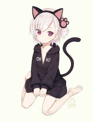 Rule 34 | 1girl, :&lt;, animal ears, artist name, barefoot, black hoodie, capriccio, cat ears, cat tail, character name, closed mouth, commentary request, dated, fake animal ears, full body, hood, hood down, hoodie, kaburi chiko, long sleeves, looking at viewer, naked hoodie, one side up, original, partially unzipped, paw hair ornament, pink eyes, short hair, signature, simple background, sitting, solo, tail, wariza, white hair