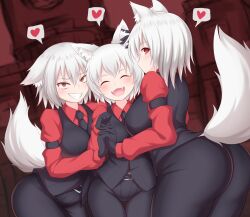 Rule 34 | 3girls, animal ear fluff, animal ears, ass, black gloves, black necktie, black pants, black vest, blush, breasts, cerberus (helltaker), cerberus (helltaker) (cosplay), chicken tatsumaki curry, closed eyes, commentary request, cookie (touhou), cosplay, cowboy shot, dutch angle, fangs, floppy ears, gloves, grin, hair between eyes, heart, helltaker, highres, holding hands, interlocked fingers, inu (cookie), inubashiri momiji, kuso inu (cookie), large breasts, long bangs, looking at viewer, looking to the side, medium bangs, multiple girls, necktie, open mouth, pants, profile, red eyes, red shirt, scarlet devil mansion, shirt, short hair, slit pupils, smile, spoken heart, tail, touhou, vest, web (cookie), white hair, wolf ears, wolf girl, wolf tail