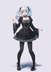 Rule 34 | 1girl, black dress, black footwear, black pantyhose, blush, breasts, choker, cleavage, collarbone, dress, drill hair, frilled choker, frills, full body, gothic lolita, grey hair, highres, idolmaster, idolmaster cinderella girls, juliet sleeves, kanzaki ranko, lolita fashion, long sleeves, looking at viewer, mary janes, nail polish, pantyhose, pepeo, puffy sleeves, red eyes, shoes, simple background, smile, solo, twintails, wide sleeves