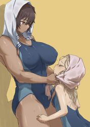 Rule 34 | 2girls, blonde hair, blue one-piece swimsuit, breasts, brown hair, closed eyes, competition swimsuit, covered erect nipples, covered navel, dark-skinned female, dark skin, height difference, highres, kei (m k), large breasts, long hair, looking at another, m k, multiple girls, one-piece swimsuit, original, petite, red eyes, rika (m k), short hair, simple background, swimsuit, tall female, taller female, tan, thighs, towel, towel on head, wet, wet hair, yellow background