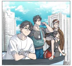 Rule 34 | 1girl, 3boys, arm sling, baek ae-young, bandaged arm, bandaged head, bandages, black hair, blue eyes, breasts, brown hair, brown jacket, can, cast, chromatic aberration, closed eyes, closed mouth, commentary request, crossed arms, day, drinking, eoduun badaui deungbul-i doeeo, grey shirt, highres, holding, holding can, jacket, jihyeok seo, korean commentary, long hair, medium breasts, multiple boys, open mouth, outdoors, park moo-hyun, ponytail, sharks line2, shin hae-ryang, shirt, short hair, short sleeves, smile, standing, white shirt
