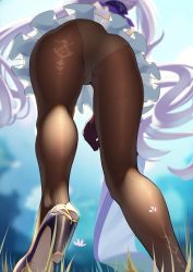 Rule 34 | 1girl, artist request, ass, bad perspective, black pantyhose, cameltoe, cleft of venus, dress, frilled skirt, frills, from behind, from below, genshin impact, gloves, hair ornament, hane (15188414), high heels, highres, keqing (genshin impact), leg focus, legs, long hair, lower body, panties, panties under pantyhose, pantyhose, purple hair, see-through, shiny clothes, short dress, skirt, solo, standing, twintails, underwear, upskirt, very long hair