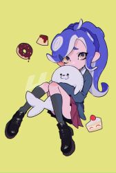 Rule 34 | 1girl, black footwear, black socks, blue cardigan, cake, cake slice, cardigan, collared shirt, commentary, covering own mouth, dot nose, doughnut, food, fruit, full body, hair ornament, hairclip, holding, holding stuffed toy, imaikuy0, kneehighs, long hair, nintendo, octoling, octoling girl, octoling player character, pleated skirt, ponytail, pudding, purple hair, red skirt, school uniform, shirt, shy, skirt, socks, solo, splatoon (series), strawberry, stuffed animal, stuffed seal, stuffed toy, suction cups, symbol-only commentary, tentacle hair, white shirt, yellow background, yellow eyes