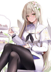 Rule 34 | 1girl, absurdres, angel wings, belt, black neckerchief, black pantyhose, blue archive, closed mouth, crossed legs, cup, cupcake, dress, drink, emblem, feet out of frame, flower, food, grey belt, hair flower, hair ornament, harness, highres, holding, holding cup, holding drink, holding saucer, konka, light brown hair, long hair, long sleeves, looking at viewer, macaron, nagisa (blue archive), neckerchief, pantyhose, pastry, sailor collar, saucer, sidelocks, sitting, smile, solo, teacup, thighs, tiered tray, very long hair, white dress, white flower, white sailor collar, white wings, wings, yellow eyes