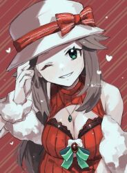 Rule 34 | 1girl, alternate costume, blush, bow, breasts, brown hair, christmas, cleavage, commentary request, creatures (company), game freak, gem, green eyes, hat, heart, highres, jewelry, kienai 11, large breasts, leaf (pokemon), long hair, medium breasts, necklace, nintendo, one eye closed, pokemon, pokemon frlg, simple background, smile, solo, striped, striped background, twitter username, white hat