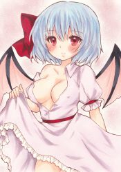 Rule 34 | 1girl, absurdres, blue hair, blush, bow, breasts, cleavage, clothes lift, covered erect nipples, dress, dress lift, hair bow, highres, large breasts, looking at viewer, no bra, off shoulder, red eyes, remilia scarlet, short hair, single bare shoulder, smile, solo, standing, touhou, traditional media, waitan1729, wings