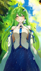 Rule 34 | 1girl, bare shoulders, blue skirt, blue sky, closed eyes, cloud, commentary request, cowboy shot, detached sleeves, facing viewer, frog hair ornament, grin, hair ornament, hands up, highres, kochiya sanae, long hair, momo ga suki desu, outdoors, own fingers together, rain, single hair tube, skirt, sky, smile, solo, touhou, tree, very long hair, white sleeves, wide sleeves