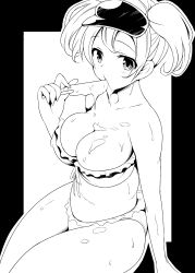 Rule 34 | 1girl, absurdres, breasts, cleavage, food, greyscale, hataraku maou-sama!, highres, ice cream, large breasts, monochrome, sasaki chiho, short hair, short twintails, solo, twintails, visor cap