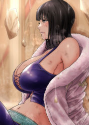 Rule 34 | 1girl, black eyes, black hair, blood, blood on face, blurry, blurry background, breasts, cleavage, coat, commentary, crop top, cross-laced clothes, crying, dirty, dirty face, eyelashes, from side, fur-trimmed coat, fur trim, injury, large breasts, moriton, navel, nico robin, nico robin (alabasta), off shoulder, one piece, parted lips, profile, purple shirt, rubble, shirt, short hair, sitting, sleeveless, solo, stomach, straight hair, tearing up, tears, upper body, white coat