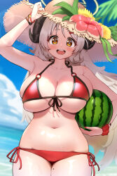 Rule 34 | 1girl, :d, armpits, bare shoulders, beach, bikini, blue archive, blue sky, blush, bracelet, breasts, cleavage, cloud, collarbone, cowboy shot, curled horns, curvy, day, flower, food, fruit, hair between eyes, hair flower, hair ornament, halo, halterneck, hat, holding, holding food, horns, izumi (blue archive), izumi (swimsuit) (blue archive), jewelry, large breasts, long hair, looking at viewer, navel, ocean, open mouth, outdoors, red bikini, skindentation, sky, smile, solo, standing, stomach, straw hat, swimsuit, thick thighs, thighs, ushimittsu, watermelon, wide hips, yellow eyes