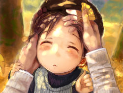 Rule 34 | 1boy, 1girl, :&lt;, autumn, blush, brown hair, child, closed eyes, contemporary, flower, forehead, ginkgo tree, hand in own hair, hand on another&#039;s face, hand on another&#039;s head, hat, holding, holding own hair, ichigo mashimaro, itou chika, leaf, outdoors, portrait, short hair, sunlight, sweater, tree shade, walkalone