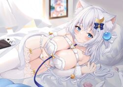 Rule 34 | 1girl, absurdres, animal collar, animal ear fluff, animal ears, bare shoulders, belt, blue eyes, blurry, blurry background, breasts, bustier, cat ears, cat tail, chest belt, cleavage, collar, collarbone, fur trim, garter straps, grey hair, highres, kurashina yuzuki, large breasts, leash, long hair, looking at viewer, lying, on side, original, panties, pillow, solo, tail, thighhighs, underwear, viewer holding leash, white hair, white thighhighs