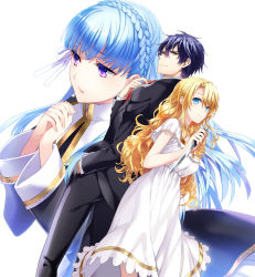 Rule 34 | 1boy, 2girls, adjusting clothes, adjusting necktie, back-to-back, blonde hair, blue eyes, blue hair, braid, cover, cover page, dress, formal, knife, kuroemon, long hair, multiple girls, necktie, official art, own hands clasped, own hands together, purple eyes, shinmai shachou no perfect game, short hair, suit, wavy hair, white background, white dress, yellow eyes