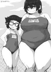 Rule 34 | 2girls, blunt bangs, blush, boku wa manken senzoku nude model, breasts, camekirin, glasses, greyscale, grin, hair between eyes, hands on own hips, height difference, inoue kiiko, large breasts, messy hair, monochrome, multiple girls, original, plump, school swimsuit, short hair, small breasts, smile, swimsuit, thick thighs, thighs, uchida fuuka, wavy mouth