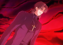 Rule 34 | 1boy, bad id, bad pixiv id, brown eyes, brown hair, cross, cross necklace, fate/stay night, fate (series), jewelry, kotomine kirei, male focus, necklace, solo, ty 1865