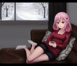 Rule 34 | 1girl, casual, drawfag, drink, full body, guilty crown, hair ornament, hairclip, highres, hot chocolate, indoors, looking at viewer, pillow, pink hair, red eyes, ribbed sweater, sitting, snow, socks, solo, sweater, white socks, window, yuzuriha inori
