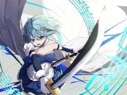 Rule 34 | 1girl, bare shoulders, blue eyes, blue hair, cape, cowboy shot, detached sleeves, dual wielding, female focus, fortissimo, gloves, hair ornament, highres, holding, holding sword, holding weapon, looking at viewer, magical girl, mahou shoujo madoka magica, mahou shoujo madoka magica (anime), miki sayaka, musical note, musical note hair ornament, open mouth, short hair, simple background, smile, solo, strapless, sword, user jjag2225, weapon, white background, white cape, white gloves