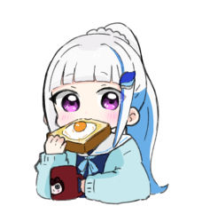 Rule 34 | 1girl, blue bow, blue cardigan, blue hair, blue shirt, blush, bow, braid, bread slice, cardigan, commentary request, cropped torso, cup, egg (food), food, fried egg, hair ornament, holding, holding cup, holding food, lize helesta, long hair, mug, multicolored hair, nijisanji, nozo (hitomiz), open cardigan, open clothes, ponytail, sailor collar, school uniform, serafuku, shirt, simple background, solo, toast, two-tone hair, upper body, virtual youtuber, white background, white hair, white sailor collar