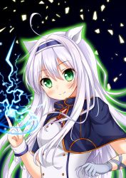 Rule 34 | 10s, 1girl, ahoge, blush, breasts, buttons, capelet, commentary request, double-breasted, gloves, glowing, green eyes, grey gloves, hair between eyes, hairband, kuronekoron, lightning, long hair, looking at viewer, magic, magic circle, neck ribbon, red ribbon, ribbon, rokudenashi majutsu koushi to akashic record, school uniform, silver hair, single glove, single wrist cuff, sistine fibel, small breasts, smile, solo, upper body, white ribbon, wrist cuffs