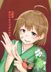 Rule 34 | 1girl, ahoge, bandaid, bandaid on face, brown eyes, brown hair, commentary request, crab, floral print, green kimono, highres, japanese clothes, kantai collection, kimono, oboro (kancolle), open mouth, smile, solo, takasugi heppu, translation request, twitter username, upper body