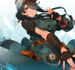 Rule 34 | 1girl, belt, black gloves, black hair, breasts, closed mouth, dress, fingerless gloves, gloves, grey dress, grey hat, hair over one eye, hat, highres, kantai collection, kumano maru (kancolle), large breasts, long hair, military hat, pouch, red eyes, short sleeves, simple background, solo, sunday aki