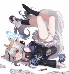 Rule 34 | 1girl, animal ear fluff, animal ears, banana peel, black dress, black hair, black jacket, black socks, blue archive, blush, bow, bow panties, cleavage cutout, clothing cutout, colored pencil, dress, fallen down, gradient hair, grey hair, halo, highres, jacket, kokona (blue archive), long hair, multicolored hair, nose blush, off shoulder, open clothes, open jacket, open mouth, panties, paper, pencil, pinstripe dress, pinstripe jacket, pinstripe pattern, polka dot, polka dot panties, ripnte, shoes, single shoe, sleeveless, sleeveless dress, sneakers, socks, solo, streaked hair, striped, tearing up, thighs, top-down bottom-up, twisted torso, two-tone hair, underwear, very long hair, wavy mouth, white footwear