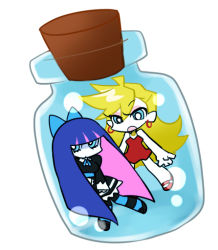Rule 34 | 10s, 2girls, blonde hair, blue eyes, bottle, bow, dress, fukumitsu (kirarirorustar), hair bow, in bottle, in container, long hair, multicolored hair, multiple girls, panty &amp; stocking with garterbelt, panty (psg), red dress, siblings, sisters, stocking (psg), striped clothes, striped legwear, striped thighhighs, thighhighs, two-tone hair, very long hair