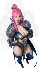 1girl absurdres armor bikini black_choker blue_flower breasts choker cleavage flower gauntlets hair_flower hair_ornament heart heart_sticker highres large_breasts long_hair looking_at_viewer original pauldrons pink_hair ponytail shiny_skin shoulder_armor simple_background solo sticker_on_face swimsuit thighhighs vergilhoo