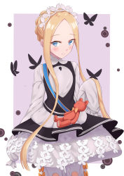Rule 34 | 1girl, abigail williams (fate), abigail williams (festival outfit) (fate), absurdres, black dress, blonde hair, bloomers, blue eyes, blush, bow, braid, bug, butterfly, butterfly hair ornament, closed mouth, commentary request, dress, fate/grand order, fate (series), forehead, hair ornament, heroic spirit chaldea park outfit, highres, insect, keyhole, leeshin0919, long hair, long sleeves, official alternate costume, orange bow, parted bangs, purple background, shirt, sidelocks, sleeves past fingers, sleeves past wrists, smile, solo, stuffed animal, stuffed toy, teddy bear, two-tone background, underwear, very long hair, white background, white bloomers, white shirt