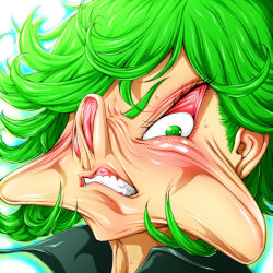 Rule 34 | 1girl, close-up, creepy, deformed, green eyes, green hair, humiliation, looking at viewer, matching hair/eyes, nikumi (artist), nose, one-punch man, parted lips, pig nose, short hair, solo, sweat, tatsumaki, what, white background