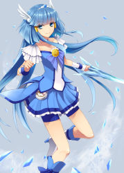 Rule 34 | 10s, 1girl, aoki reika, bike shorts, blue background, blue dress, blue eyes, blue hair, blue skirt, blue theme, boots, choker, crystal sword, cure beauty, dress, hair tubes, head wings, holding, ice, knee boots, long hair, looking at viewer, magical girl, matching hair/eyes, precure, prime, sidelocks, skirt, smile, smile precure!, solo, sword, tiara, weapon, wings, wrist cuffs