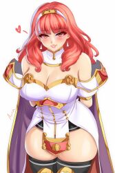 1girl anisdrawn arms_behind_back bare_shoulders black_thighhighs blush breasts cape celica_(fire_emblem) cleavage cowboy_shot dress fire_emblem fire_emblem_echoes:_shadows_of_valentia grin hairband heart highres large_breasts long_hair looking_at_viewer nintendo off-shoulder_dress off_shoulder orange_eyes pelvic_curtain pink_lips puffy_short_sleeves puffy_sleeves red_hair short_sleeves skindentation smile solo standing thick_thighs thighhighs thighs white_dress white_hairband