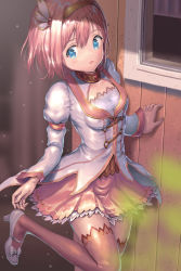 Rule 34 | 1girl, aqua eyes, blurry, breasts, clothing cutout, commentary request, footwear bow, hand on wall, headband, high heels, hirokazu (analysis-depth), leg up, long sleeves, medium hair, open mouth, pink hair, pink skirt, pink thighhighs, princess connect!, pumps, sidelocks, skirt, small breasts, solo, thighhighs, white footwear, window, yui (princess connect!)