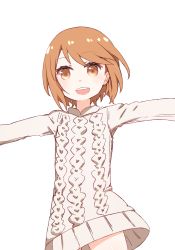 Rule 34 | 1girl, :d, aran sweater, brown eyes, brown hair, cable knit, commentary, cowboy shot, dress, female focus, i.u.y, kinuhata saiai, light blush, long sleeves, looking at viewer, open mouth, outstretched arms, short hair, simple background, smile, solo, spread arms, sweater, sweater dress, teeth, toaru majutsu no index, white background, white dress, white sweater