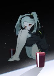 Rule 34 | 1girl, alcohol, artificial eye, barefoot, beer, black jacket, blue hair, blush, bubble, colored sclera, colored skin, cup, cyberpunk (series), cyberpunk edgerunners, drink, hugging own legs, jacket, light blue hair, long hair, looking to the side, mechanical eye, medium hair, on floor, pale skin, petite, rebecca (cyberpunk), red sclera, samurai jacket (cyberpunk), shadow, simple background, sitting, smile, solo, twintails, white skin, zidu (9478296)