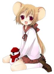 Rule 34 | 1girl, animal ears, blonde hair, brown dress, brown hair, character request, dress, flat chest, kneeling, long hair, mouse ears, namori, open mouth, original, pleated skirt, ponytail, red eyes, school uniform, shoes, simple background, sitting, skirt, smile, snowman, socks, solo, source request, wariza, white background