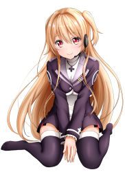 Rule 34 | 1girl, absurdres, bad id, bad pixiv id, black jacket, black thighhighs, blush, breasts, cleavage, commentary request, game club project, hair between eyes, hair ornament, highres, jacket, jewelry, light brown hair, long hair, long sleeves, looking at viewer, medium breasts, necklace, no shoes, one side up, red eyes, side ponytail, simple background, sitting, smile, solo, sonoji-s, thighhighs, very long hair, virtual youtuber, white background, yumesaki kaede (game club project)