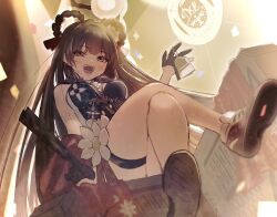 Rule 34 | 1girl, bare shoulders, braid, braided hair rings, brown hair, china dress, chinese clothes, dress, earrings, flower, gloves, goddess of victory: nikke, hair ribbon, hair rings, hand fan, highres, holding, holding fan, indoors, jewelry, legs, long hair, mutsui, red eyes, ribbon, shoes, sitting, sneakers, solo, thigh strap, thighs, twin braids, very long hair, white flower, yan (nikke)