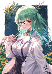 Rule 34 | 1girl, antlers, breasts, ceres fauna, ceres fauna (jirai kei), cleavage, flower, glasses, green hair, holocouncil, hololive, hololive english, horns, large breasts, looking at viewer, official alternate costume, open clothes, outside border, sebu illust, smile, solo, virtual youtuber, yellow eyes