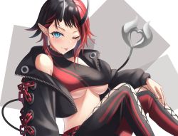 Rule 34 | 1girl, balflear (oe19nlud), black hair, black jacket, black pants, black sports bra, blue eyes, blush, breasts, closed mouth, commentary, cropped jacket, cross-laced pants, demon girl, demon horns, demon tail, feet out of frame, highres, horns, jacket, looking at viewer, medium breasts, multicolored hair, nanashi inc., off shoulder, one eye closed, pants, pointy ears, red hair, red pants, red sports bra, ryugasaki rene, ryugasaki rene (1st costume), short hair, smile, solo, sports bra, sugar lyric, tail, tongue, tongue out, two-tone hair, two-tone sports bra, underboob, virtual youtuber, zipper