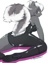 Rule 34 | 1girl, artist request, black hair, boots, cameltoe, copyright request, formal, from behind, furry, furry female, monochrome, multicolored hair, short hair, simple background, skunk, solo, suit, white hair