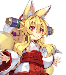 Rule 34 | 1girl, aged down, animal ear fluff, animal ears, blonde hair, detached sleeves, flat chest, fox ears, fox girl, hair between eyes, hakama, highres, izuna (shinrabanshou), japanese clothes, kimono, kitsune, long hair, looking at viewer, miko, outstretched arms, red eyes, red hakama, saru 000, shinrabanshou, simple background, smile, solo, white background, white sleeves, wide sleeves