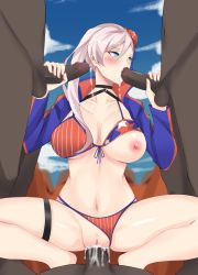 Rule 34 | 1girl, 3boys, absurdres, breasts, breasts out, cum, cum in mouth, cum in pussy, dark-skinned male, dark skin, double handjob, fate/grand order, fate (series), fellatio, from below, group sex, handjob, highres, interracial, miyamoto musashi (fate), miyamoto musashi (fate/grand order), miyamoto musashi (swimsuit berserker) (fate), multiple boys, oral, penis, sex, squatting, torasanth