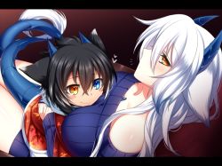 Rule 34 | 1boy, 1girl, animal ears, black hair, blush stickers, brother and sister, dragon horns, dragon tail, heterochromia, horns, konshin, letterboxed, long hair, off shoulder, orie hakua, orie kureha, original, ribbed sweater, siblings, sweater, tail, white hair