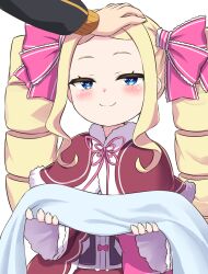 Rule 34 | 1boy, 1girl, beatrice (re:zero), blonde hair, blue eyes, blush, bow, capelet, closed mouth, commentary request, drill hair, fur-trimmed capelet, fur trim, hair ribbon, headpat, holding, holding towel, long hair, long sleeves, looking at viewer, natsuki subaru, pink bow, pink pupils, pink ribbon, re:zero kara hajimeru isekai seikatsu, red capelet, ribbon, s (hdru2332), smile, solo focus, symbol-shaped pupils, teeth, towel, twin drills, twintails, upper body, upper teeth only, wide sleeves