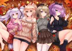 Rule 34 | 4girls, absurdres, alternate costume, autumn leaves, ayanami (azur lane), azur lane, bare shoulders, black shorts, blonde hair, blurry, blush, bow, brown skirt, casual, collarbone, commentary request, contemporary, depth of field, green eyes, grey eyes, hair between eyes, hair bow, hair ribbon, headgear, highres, holding hands, hood, hoodie, huge filesize, javelin (azur lane), laffey (azur lane), leaf, long hair, looking at viewer, lying, maple leaf, multiple girls, off-shoulder sweater, off shoulder, on back, one eye closed, open mouth, plaid, plaid skirt, pleated skirt, ponytail, purple hair, red eyes, red skirt, revision, ribbed sweater, ribbon, ryara, short hair, shorts, skirt, smile, socks, spaghetti strap, sweater, twintails, v, z23 (azur lane)
