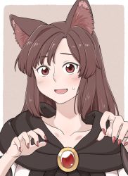 Rule 34 | 1girl, :d, animal ear fluff, animal ears, black scarf, blush, border, brooch, brown background, brown eyes, brown hair, claw pose, embarrassed, fingernails, imaizumi kagerou, jewelry, long hair, looking at viewer, nail polish, nervous smile, open mouth, poronegi, red eyes, red nails, scarf, smile, solo, sweatdrop, touhou, upper body, white border, wolf ears