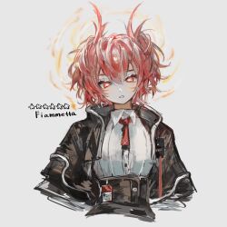Rule 34 | 1girl, animal ears, arknights, bird ears, black jacket, character name, collared shirt, fiammetta (arknights), highres, id card, jacket, necktie, parted lips, pomopomoinu, red eyes, red hair, red necktie, shirt, short hair, simple background, solo, upper body, white background, white shirt